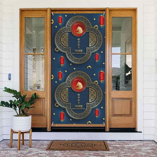 Year Of The Horse Happy Chinese New Year 2026 Door Cover Decorations Banner Flag Welcome Hanging Backdrop Sign Party Background Decor Holiday Supplies 35 * 72 Inches