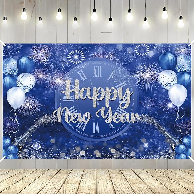 MEHOFOND Happy New Year Backdrop Blue 2026 New Year Eve Party Decorations Banner Supplies Shining Champagne Balloons Firework Photography Background New Years Eve Photo Studio Props 6 x 3.6 ft