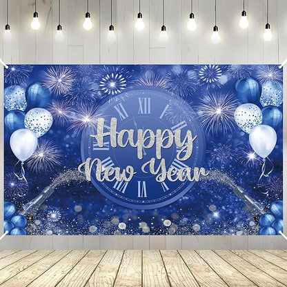 MEHOFOND Happy New Year Backdrop Blue 2026 New Year Eve Party Decorations Banner Supplies Shining Champagne Balloons Firework Photography Background New Years Eve Photo Studio Props 6 x 3.6 ft