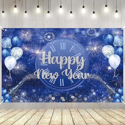 MEHOFOND Happy New Year Backdrop Blue 2026 New Year Eve Party Decorations Banner Supplies Shining Champagne Balloons Firework Photography Background New Years Eve Photo Studio Props 6 x 3.6 ft
