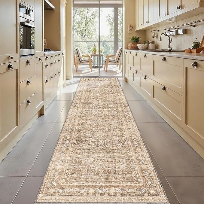 OPPODREAM Thin Vintage Beige 3x10 Runner Rug, 3 x 10 Retro Washable Rug Non Slip, Low-Pile Faux Wool Carpet, Distressed Tan Floor Mat for Kitchen, Hallway, Entry-Way, Entrance, Indoor Back Door