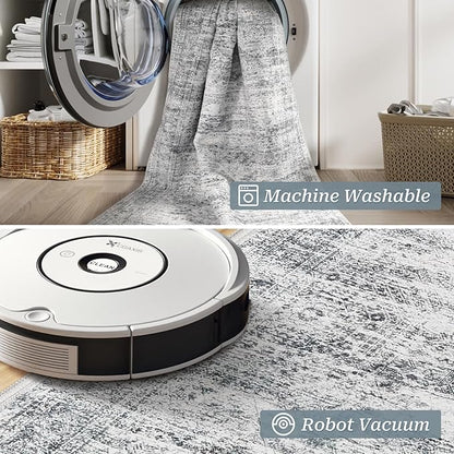 Washable Runner Rug 2.5x12, Non-Slip Long Bathroom Rugs Runner for Kitchen, Living Room, Bedroom, Soft Vintage Rug for Entryway, Thin Floor Mat for Dining Room(2.5'x12', Grey/Ivory)