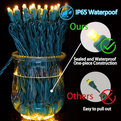 25ft 50 Counts Yellow LED Christmas Lights - Commercial Grade Outdoor Waterproof, Wide Angle Green Wire, Xmas Tree Lights, IP65, UL