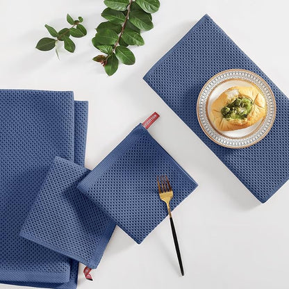 Homaxy 100% Cotton Kitchen Towels and Dishcloths Set, 12 x 12 Inches and 13 x 28 Inches, Set of 16 Bulk Kitchen Towels Set, Ultra Soft Absorbent Dish Cloths for Washing Dishes, Navy Blue