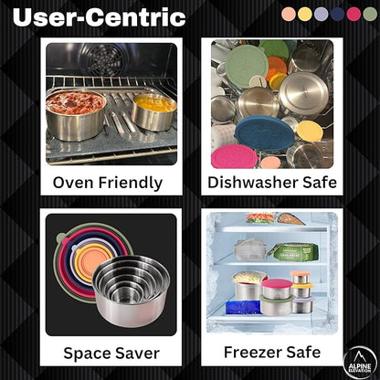 12 Pcs - 6 Stainless Steel Containers + 6 Silicone Lids | 304 Stainless Steel Snack Container | Nesting Snack and Dip Containers | Metal Food Storage