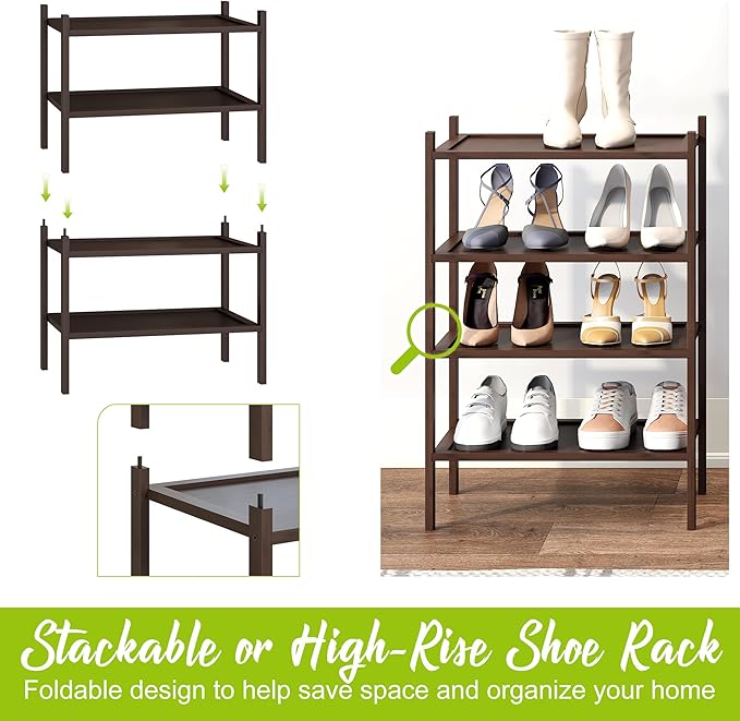 BMOSU 2-Tier Bamboo Small Shoe Rack Premium Stackable Shoe Shelf Storage Organizer for Hallway Closet Living Room Entryway Organizer(Brown)