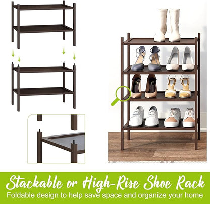 BMOSU 2-Tier Bamboo Small Shoe Rack Premium Stackable Shoe Shelf Storage Organizer for Hallway Closet Living Room Entryway Organizer(Brown)