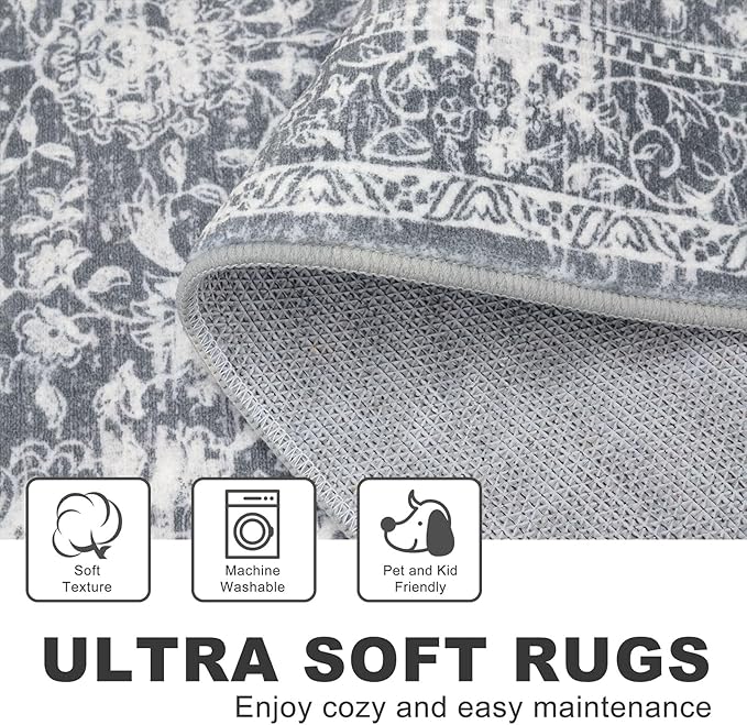 KILOCOCO Hallway Runner 2x8 Rug Runner Printed Vintage Floral Washable Kitchen Runners Non-Slip Rubber Backed Runners for Hallways Laundry Room Distressed Boho Rugs for Entryway Bedroom, Grey