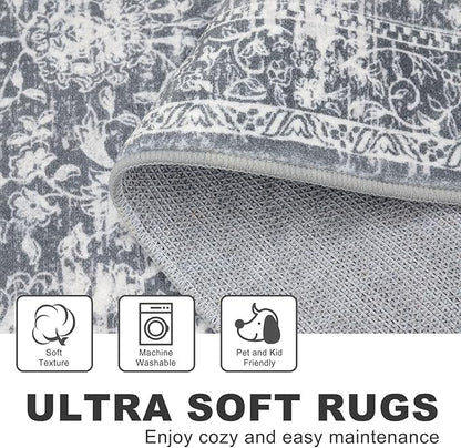 KILOCOCO Hallway Runner 2x5 Kitchen Runner Rug Printed Vintage Floral Washable Non-Slip Runners for Hallways Laundry Room Rugs Distressed Boho Rug Runners for Bedroom, Grey
