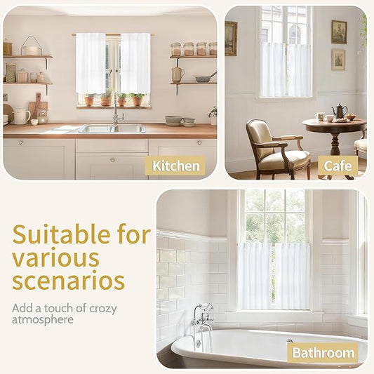 YoungsTex White Linen Kitchen Window Curtains - 36 Inch Length Light Filtering Drapes Semi Sheer with Rod Pocket Back Tab for Bathroom Cafe Windows Over Sink, 42 X 36 Inch