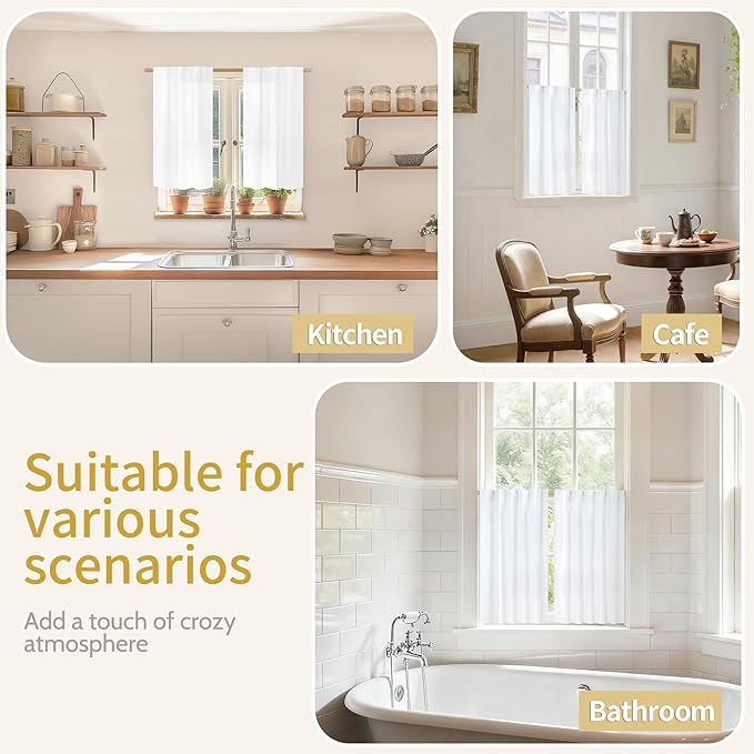 YoungsTex 40 Inch Length White Linen Curtains for Kitchen Window, Rod Pocket Short Semi Sheer Drapes Light Filtering for Bathroom Bedroom Back Tab Small Curtain, 42 X 40 Inch, 2 Panels