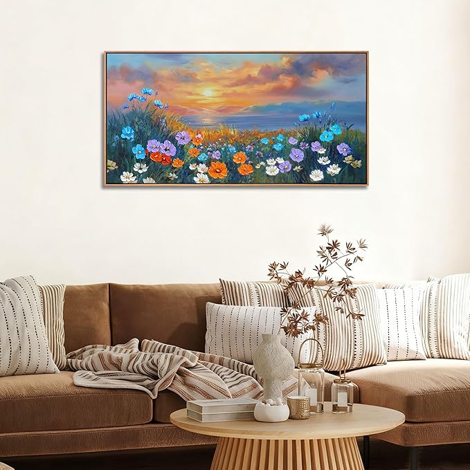 Ardemy Wildflower Wall Art for Living Room Large Framed Floral Canvas Pictures Bedroom Wall Decor Sunset Paintings Flower Textured Artwork for Walls Dining Room Home Office 40"x20"