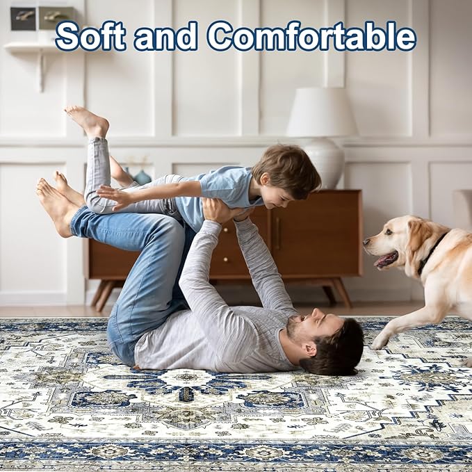 Area Rugs 5x7 - Machine Washable Vintage Oriental Soft Rug, Low Pile Thin Floor Carpet with Non Slip Backing for Living Room, Bedroom,Dorm, Kitchen, Indoor House, Office Rolling Chair