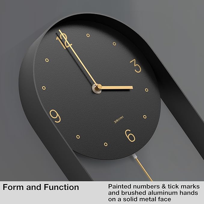 Driini Modern Pendulum Wall Clock - Decorative and Unique Metal Frame, with 8 Inch Face - Contemporary, Minimalist Design, with Silent Battery Operation - Includes Both Black and Gold Pendelum