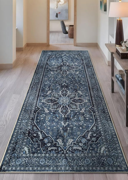 Bloom Rugs Caria Washable Non-Slip 10 ft Runner - Blue/Charcoal Traditional Runner for Entryway, Hallway, Bathroom, and Kitchen - Exact Size: 2'6" x 10'