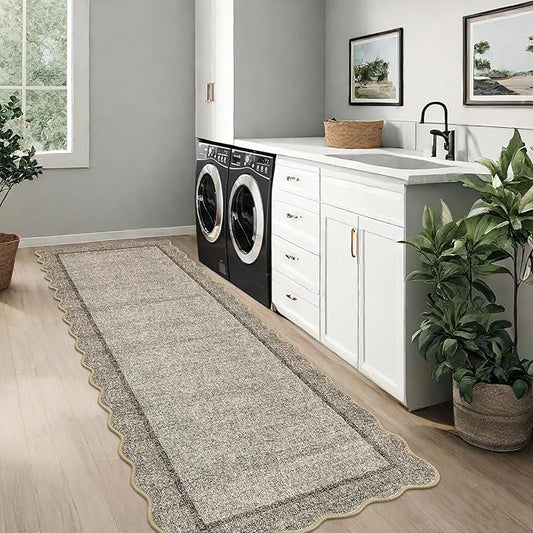 GarveeHome Scalloped Washable Runner Rug 2x10 Runner Modern Kitchen Runner Rug Non Slip Farmhouse Entryway Rug Soft Bathroom Rugs Stain Resistant Carpet for Laundry Bedroom 2 ft x10 ft Brown