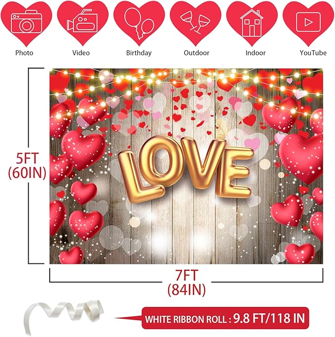 Valentine's Day Backdrop, 7x5FT Red Heart Party Decor