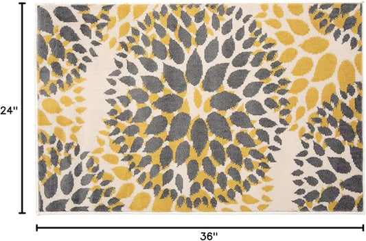 Rugshop Modern Yellow Floral Circles Design Area Rug – Elegant Non-Shedding, 2' x 3' for Living Room, Bedroom, Dining Room, Kitchen