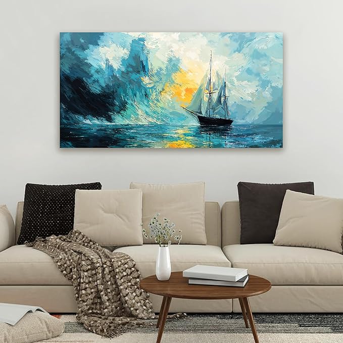 Canvas Wall Art Decor Abstract Canvas Art Wall Decor Abstract Coastal Wall Art Prints Modern Blue Green Wall Art Decorations Artwork for Walls Foggy Boat Bedroom Office Kitchen Wall Decor 20" X 40"