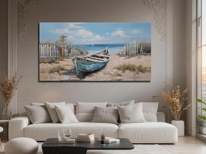 Ardemy Boat Canvas Wall Art for Living Room Large Teal Bedroom Pictures Wall Decor Textured Beach Paintings Artwork Dining Room Home Office Kitchen, 58"x29"