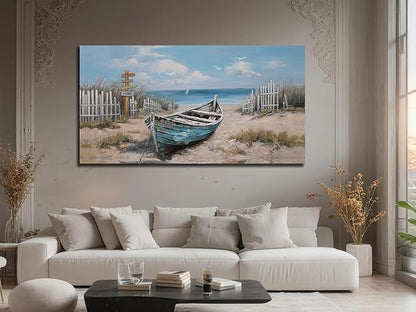 Ardemy Boat Canvas Wall Art for Living Room Large Teal Bedroom Pictures Wall Decor Textured Beach Paintings Artwork Dining Room Home Office Kitchen, 58"x29"