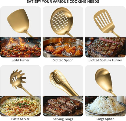 304 Stainlss Steel Matte Kitchen Utensils Set, 11 Pcs Long Metal Cooking Utensil Gadgets Tools Set with Spatula, Spoon, Ladle, Skimmer, Tunner, Pasta Server, Tongs(Gold, Dishwasher Safe)