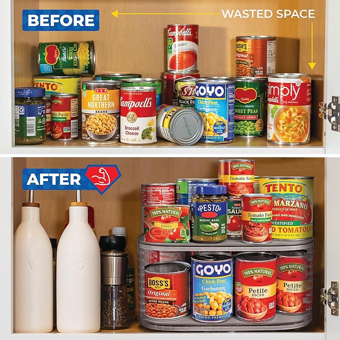 Mighty Susan Kitchen Organizer for Canned Goods: 2-Tiered Robust Turntable Organizer for Cabinet/Pantry. Steel Reinforced Holds Up To 30 lbs. Rotates 360° for Maximum Visibility. Includes 4 Bonus Bins
