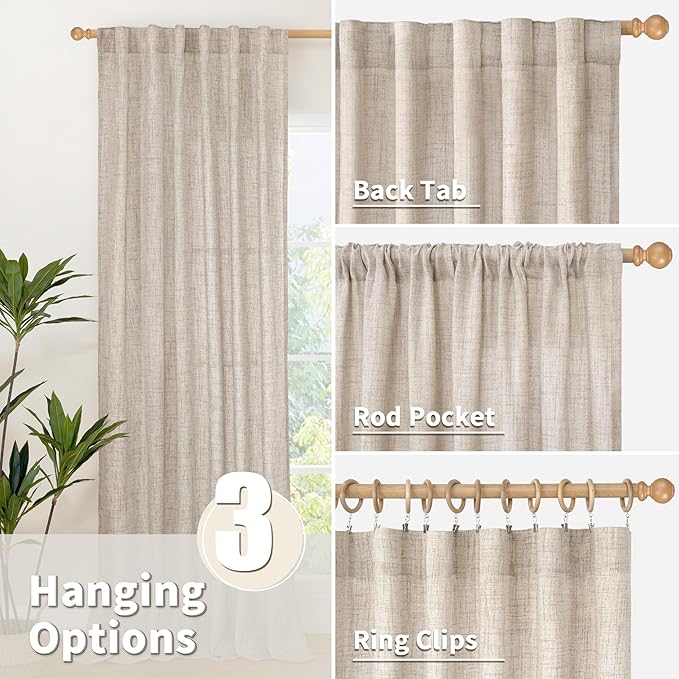 YoungsTex 60 Inch Wide Natural Linen Curtains 84 Inch Length for Living Room Back Tab Rod Pocket Light Filtering Window Drapes for Bedroom Sliding Glass Door, 2 Panels, 60 X 84 Inch