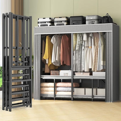 95% Assembeld Strong Garment Rack, Premium Metal 75" L Extra Large Heavy Duty Clothes Rack with Cover, Portable Foldable Freestanding Strong Clothes Racks for Hanging Clothes, Black