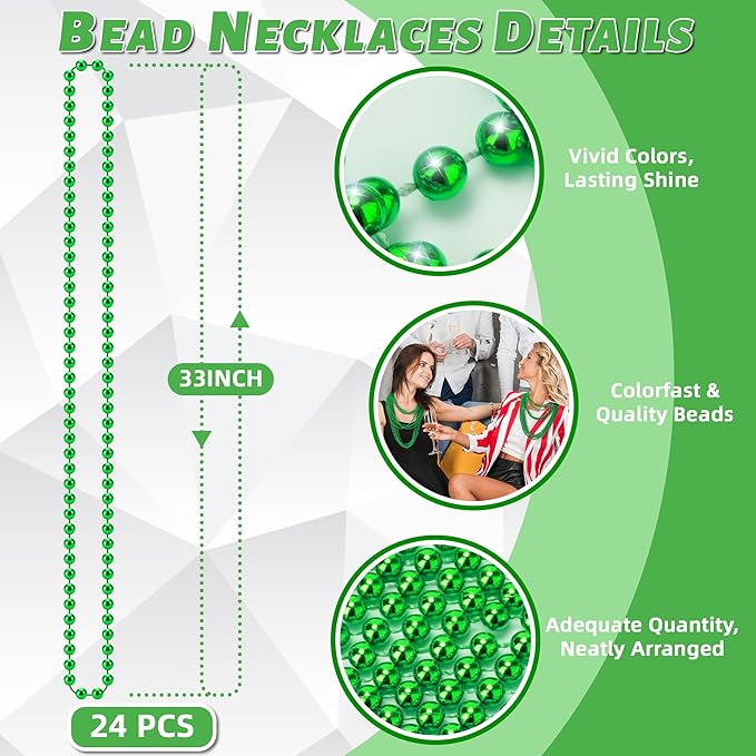 YAXINRUI 24 PCS St. Patricks Day Necklaces, Green Mardi Gras Christmas Bead Necklaces, 33" St. Patrick's Day Green Beads St. Patricks Day Accessories for Mardi Gras, St. Patricks Day Party Favors