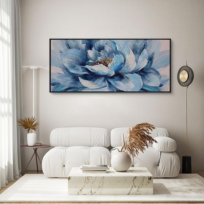 XLSJERST Large Flower Canvas Wall Art for Living Room - Blue and White Flower Picture Print Painting Wall Decor Framed Artwork Ready to Hang for Home Bedroom Wall Decoration Size 70x31 Inches
