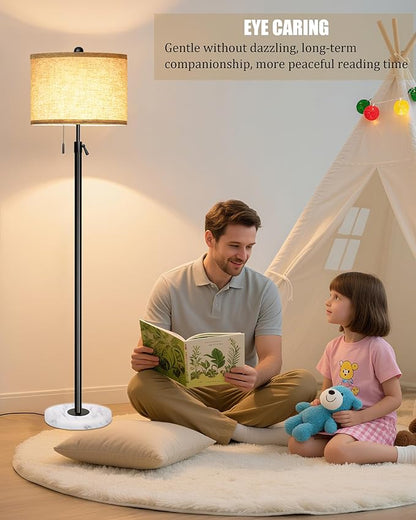Floor Lamp for Living Room - Adjustable Height Standing Lamp with Marble Base & Linen Shade - Tall Pole Floor Light with 3 Color Temperatures Bulb for Bedroom, Reading - Easy Assembly