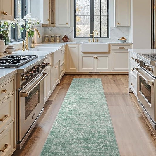 jinchan Runner Rug 2x5 Green Kitchen Rugs Hallway Runner - Machine Washable Vintage Floral Non-Slip,Low Pile Soft Ultra-Thin Distressed Carpet for Entryway Farmhouse Bedroom Laundry Room (2’x5’,Green)