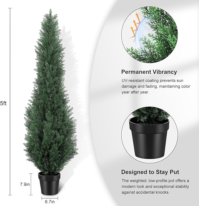 5FT Artificial Cedar Trees - Realistic Faux Evergreen Topiary Bushes Plants - Outdoor Potted Fake Cypress Shrubs for Front Porch Garden Home Decor - Set of 2