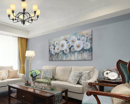 Acocifi Floral Canvas Wall Art for Living Room Dandelion Picture Large Flower Bedroom Painting 60% Handmade Textured, Grey Vintage Artwork Framed for Dining Room Office Home Decor 48"x24"