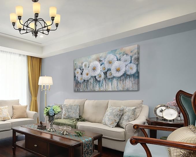 Acocifi Floral Canvas Wall Art for Living Room Dandelion Picture Flower Bedroom Painting 60% Handmade Textured, Grey Vintage Artwork Extra Large Framed for Dining Room Office Home Decor 58"x29"