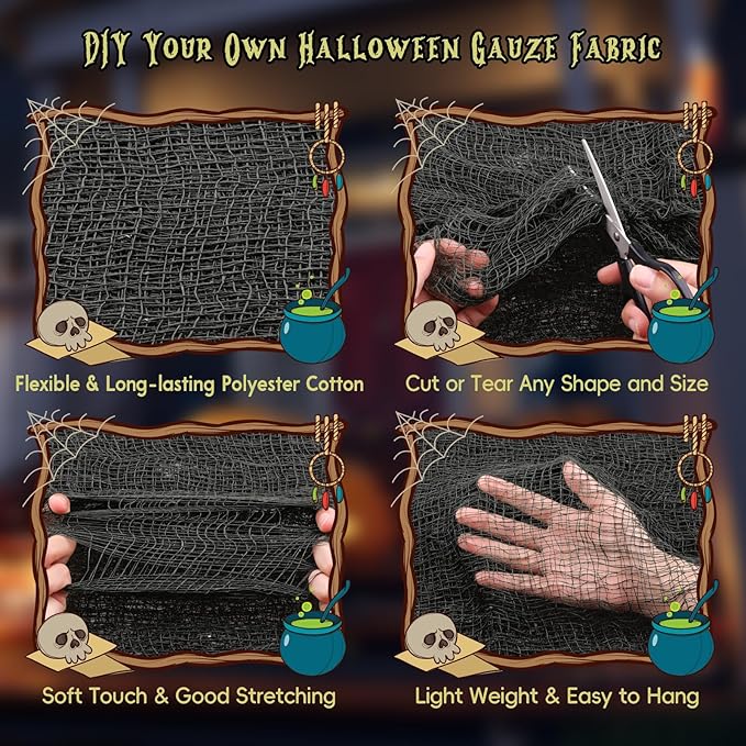 Legigo 16 Pack Balck Halloween Creepy Cloths Cheesecloths, Spooky Black Mesh Fabric Cheese Cloths for Crafts, Scary Gauze Fabric for Party Supplies Home Wall Doorway Outdoor Yard Decor