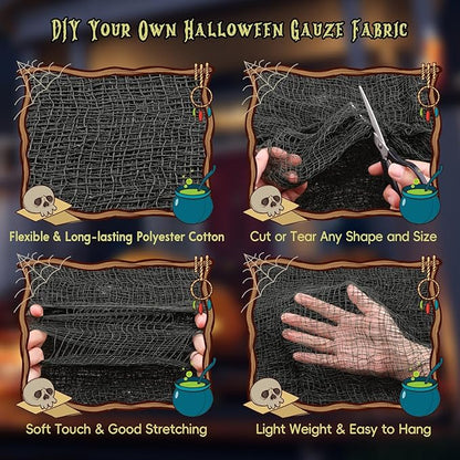 Legigo 16 Pack Balck Halloween Creepy Cloths Cheesecloths, Spooky Black Mesh Fabric Cheese Cloths for Crafts, Scary Gauze Fabric for Party Supplies Home Wall Doorway Outdoor Yard Decor