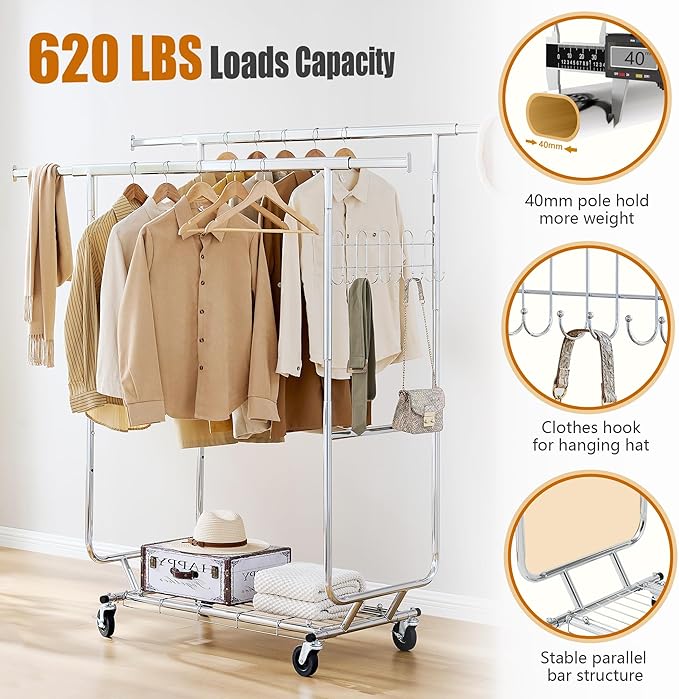 Heavy Duty Clothes Rack Load 620 LBS Metal Garment Clothing Rack Hang 300 pieces of clothing on Wheels Collapsible Rolling Portable & Adjustable Double Rod with Hook for Hanging Clothes