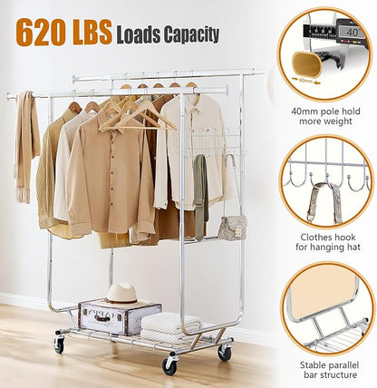 Heavy Duty Clothes Rack Load 620 LBS Metal Garment Clothing Rack Hang 300 pieces of clothing on Wheels Collapsible Rolling Portable & Adjustable Double Rod with Hook for Hanging Clothes