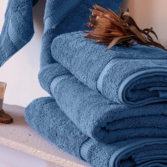 SALBAKOS 100% Turkish Cotton Bath Towel Set of 4 27x54 inch | Heirloom Quality | Hotel & Spa Collection | Ultra Soft, Super Absorbent, Long Lasting Bath Towels | Made in Turkey (Blue, 4 Bath Towels)