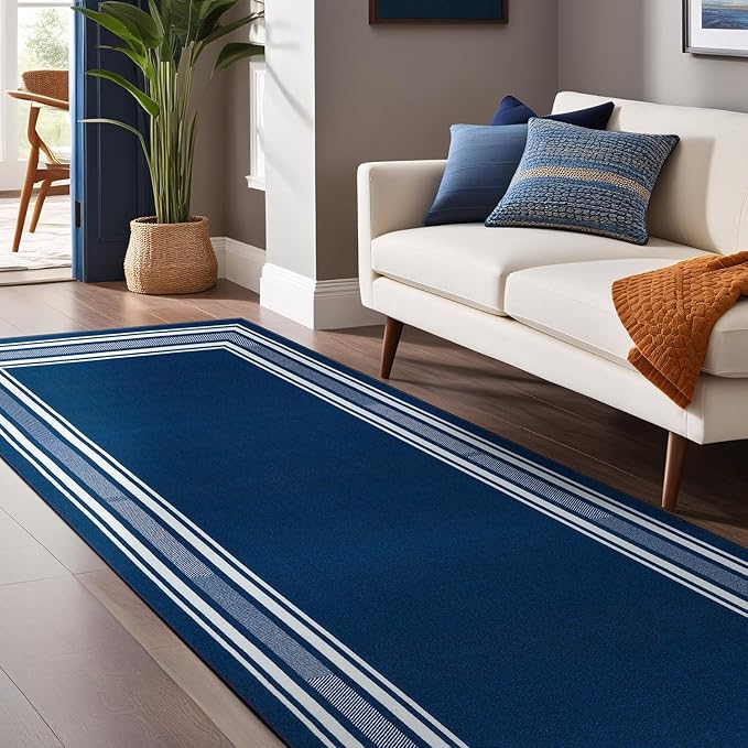 Modern Bordered Non Slip Indoor Runner Rugs for Living Room 2x5 Area Rugs for Kitchen, Rug for Bedroom, and Hallway, Stain Resistant Easy Cleaning Non Shedding Navy 2 x 5