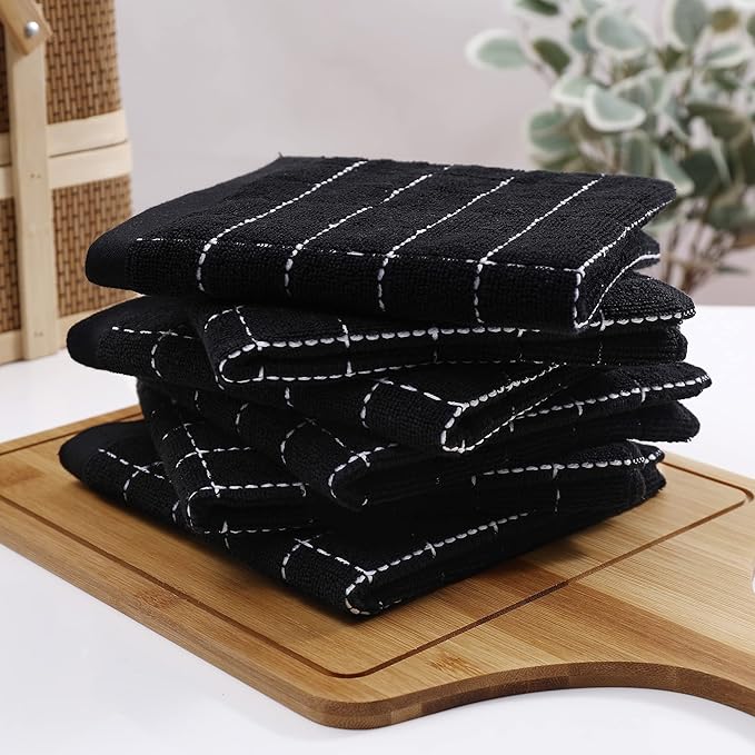 Homaxy 100% Cotton Terry Kitchen Dish Cloths, Ultra Soft and Absorbent Dish Towels for Kitchen, Suitable for Drying and Washing Dishes, 18 Pack, 12 x 12 Inches, Black