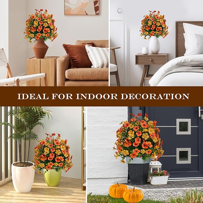 23" Set of 2 Artificial Boxwood Topiary Flowers Ball with Spikes for Outdoor Fall Decorations, Faux Greenery Shrubs,Fake Bushes Plants for Garden, Yard, Front Porch, Patio（Orange Green ）