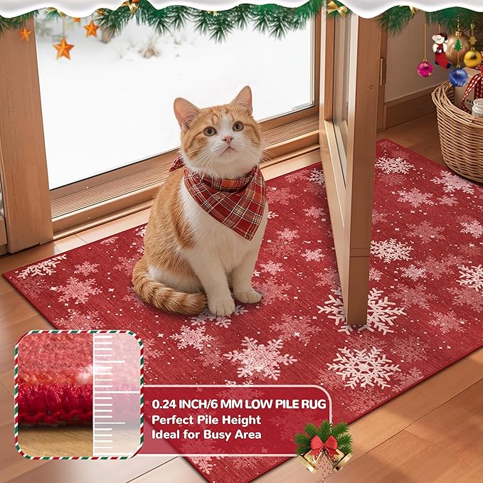 3x8 Runner Rug Non Slip for Hallway, Washable Christmas Rugs for Living Room, Ultra-Thin Snowflake Bathroom Rug Runner, Soft Red and White Christmas Decor Indoor(3'x8', Red/White)