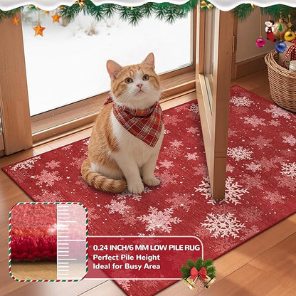 3x8 Runner Rug Non Slip for Hallway, Washable Christmas Rugs for Living Room, Ultra-Thin Snowflake Bathroom Rug Runner, Soft Red and White Christmas Decor Indoor(3'x8', Red/White)