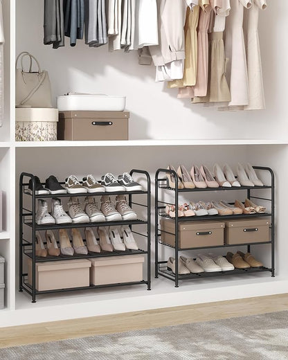 SONGMICS Stackable Shoe Rack, 4 Tier Metal Shoes Rack Storage Shelf, Holds up to 20 Pairs Shoes, Adjustable Slanted Shelves Shoe Tower Organizer for Closet Entryway Small Spaces, Black