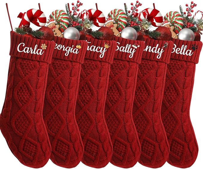 Personalized Christmas Stockings,Custom Embroidered Name+Logo Xmas Knitted Stockings 18'',Holiday and Family Stocking for Fireplace Christmas Holiday Party Decoration 1-6Pack（Red）
