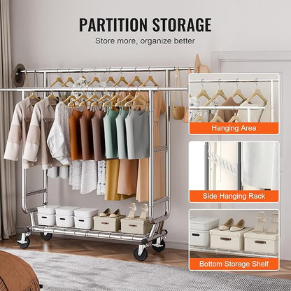 VEVOR Clothes Rack, Rolling Clothing Garment Rack, Extendable Carbon Steel Clothing Racks with Wheels for Bedroom, Laundry, Living Room