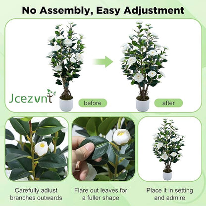 2 Pack Artificial Camellia Tree with White Pot, 38" Faux Potted Plants for Indoor Outdoor Decor, Tall Silk Greenery Plant for Home Office Living Room Balcony, White